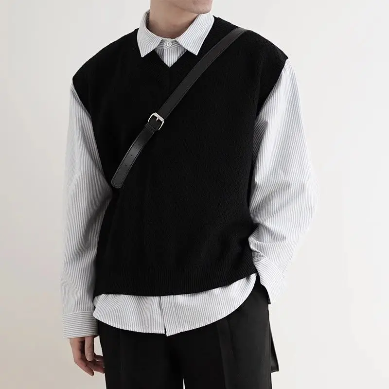 Men'S Fashion V Neck Sweater - 2024 Erken Sonbahar Basit Siyah V
