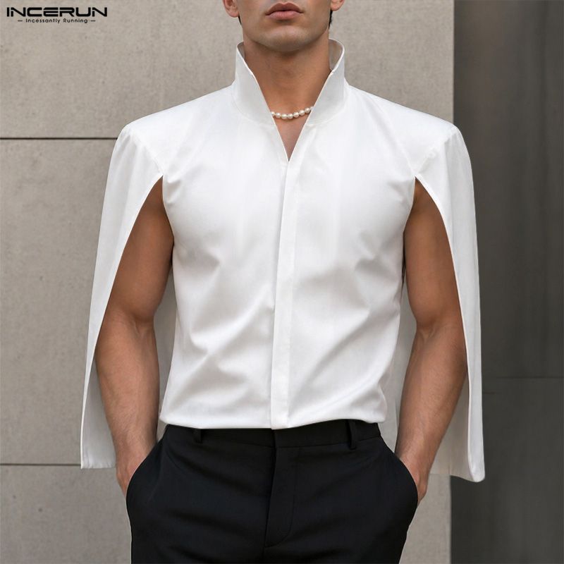 Mens Fashion Poncho - INCERUN erkek gömleği düz renk standı
